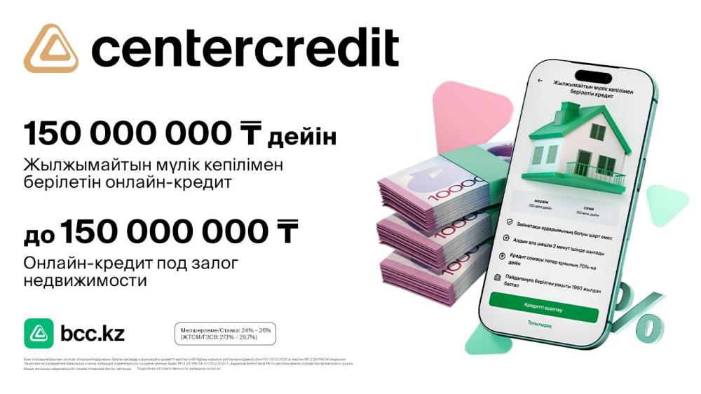 Банк ЦентрКредит запустил онлайн-оформление залоговых кредитов до 150 миллионов тенге