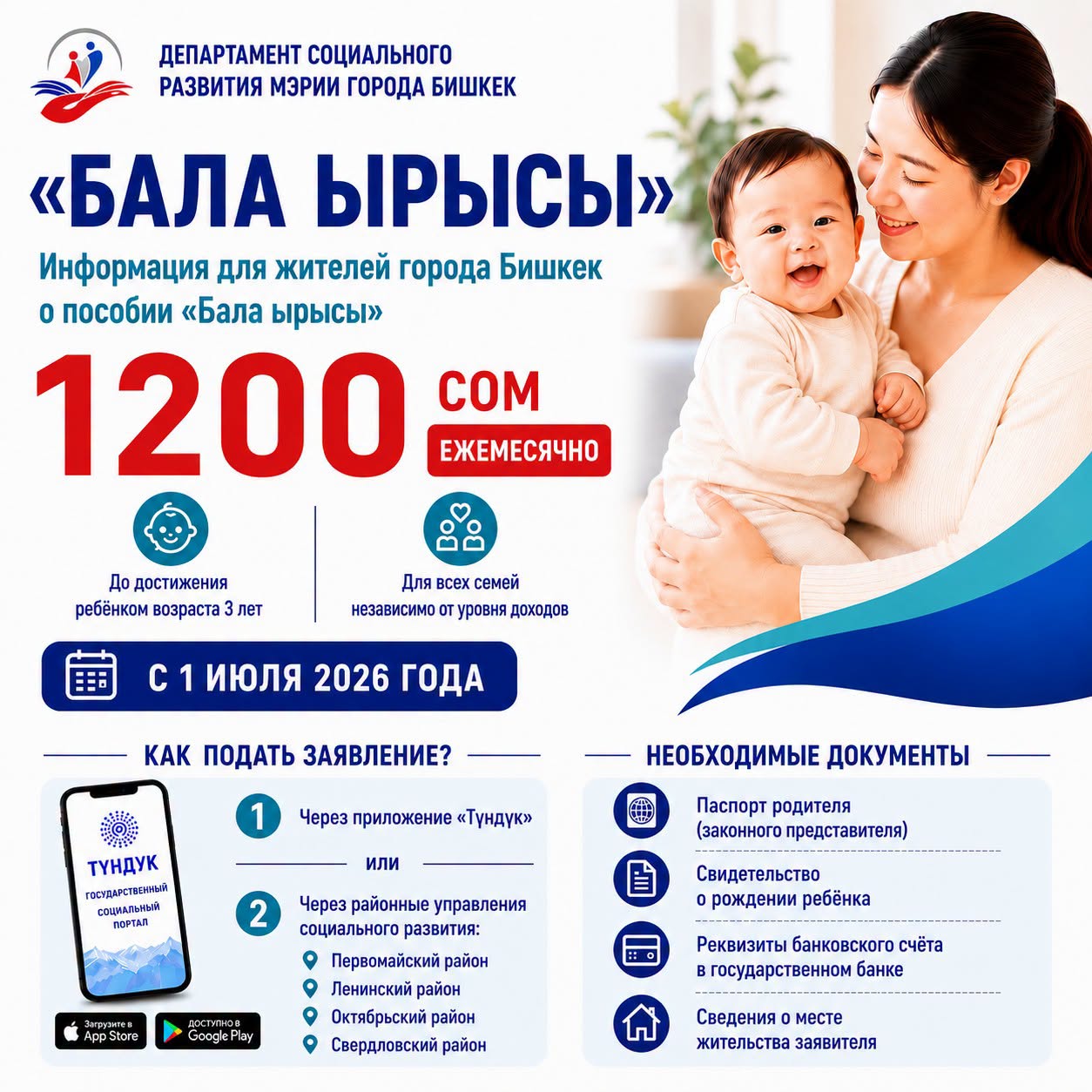 Минтруда: В июле пособие «Бала ырысы» назначено 191 тысяче 796 детям